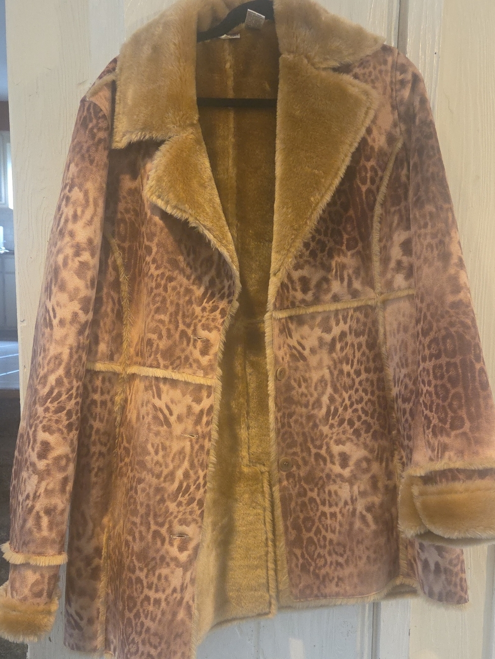 Newport News Leopard Print Teddy Coat in Brown and Tan